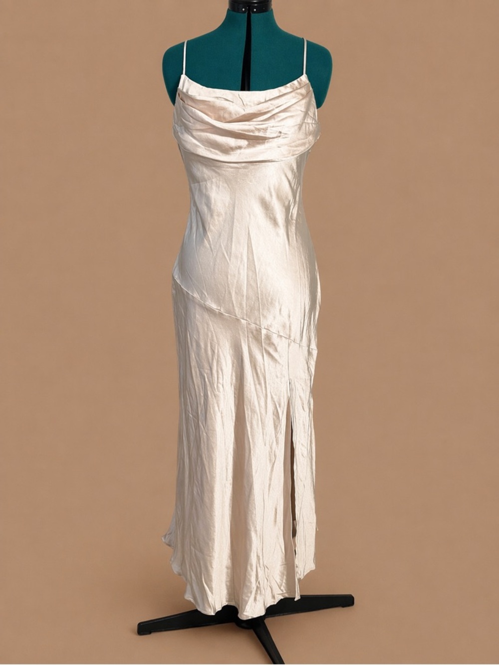 Champagne Satin Cowl Neck Slip Dress Asymmetrical Hem Side Slit Formal Gown